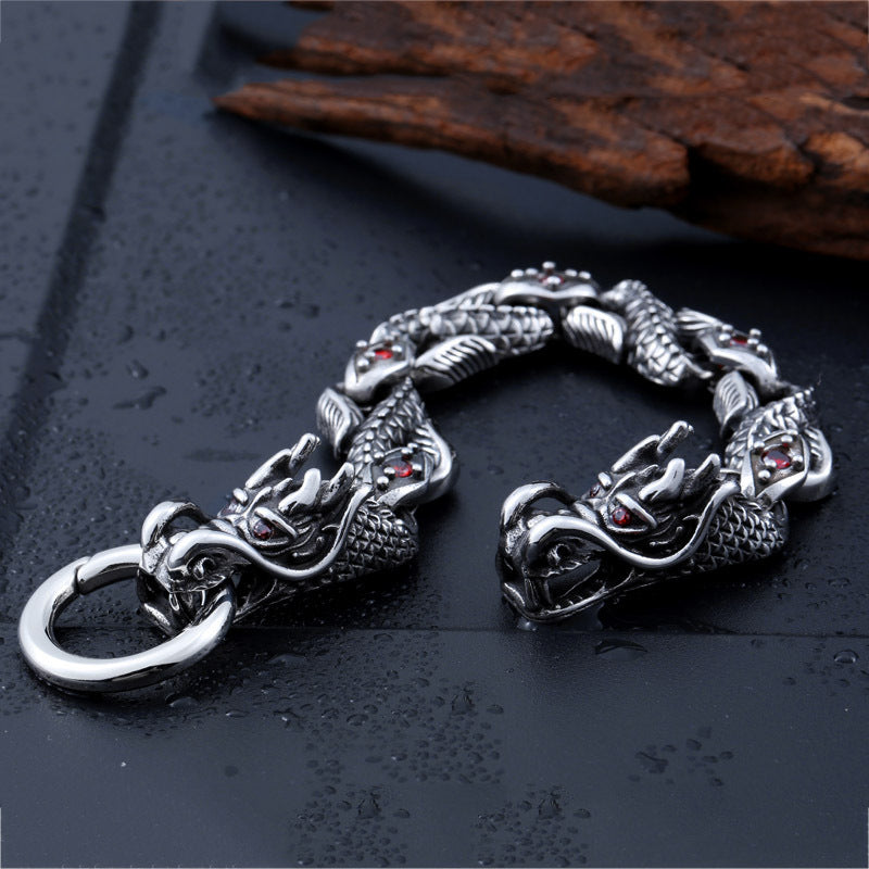 Stainless Steel Gemstone-inlaid Dragon Bracelet Titanium Steel Retro Fashion And Personalized Men's Hand Jewelry