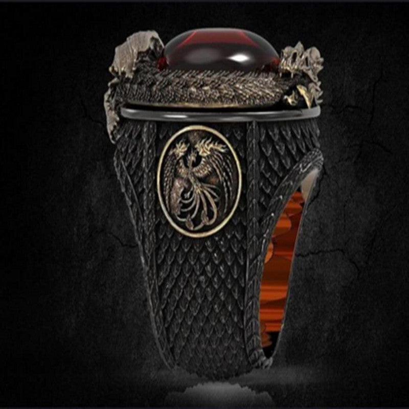 Two-Tone Vintage Domineering Carved Dragon Ring Inlaid Gemstone