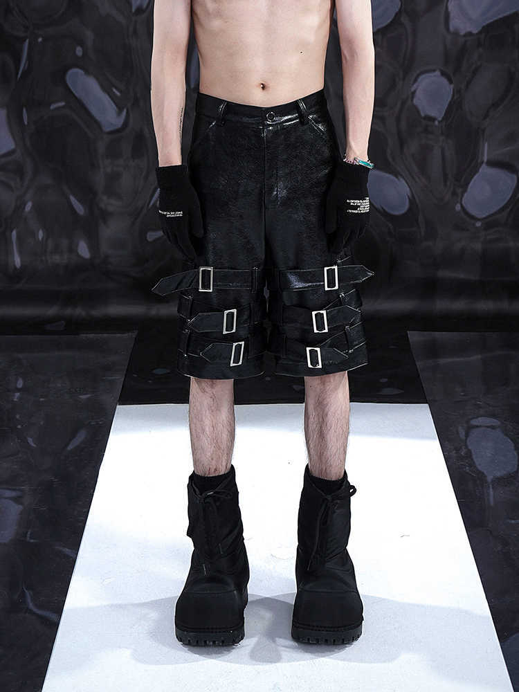 Men's Leather Ring Casual Cropped Pants PU Leather Shorts