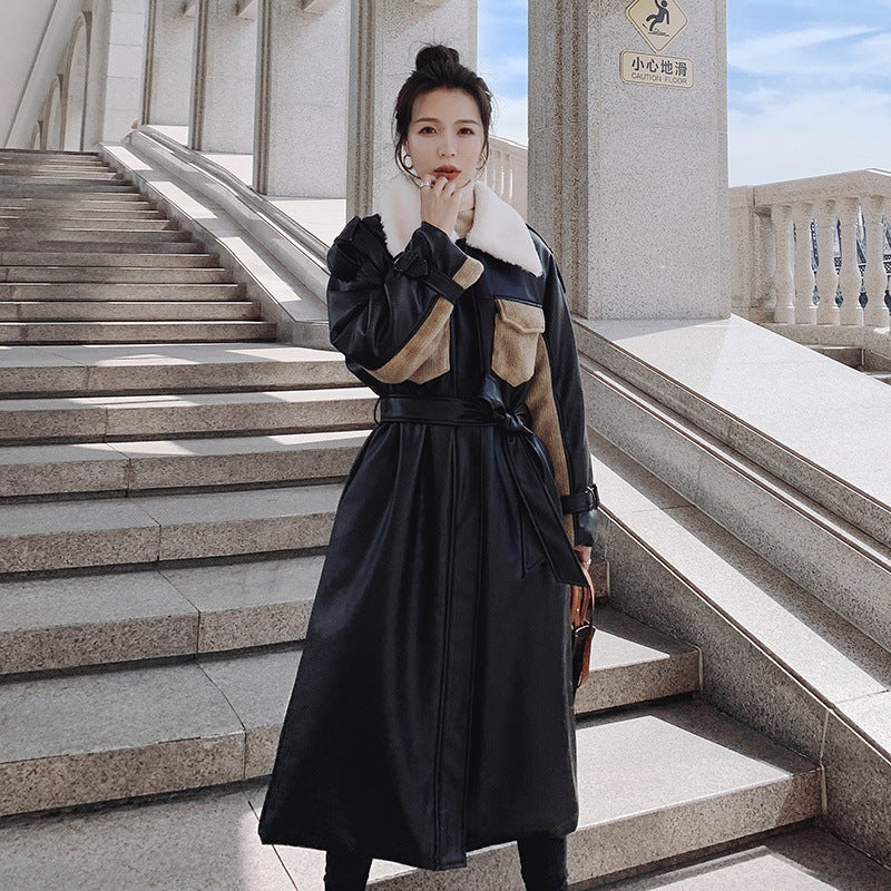 Womens Medium Long Winter Plush Thickened Cotton Black Leather Coat
