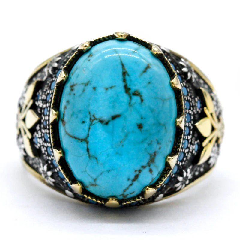 Classic Natural Turquoise Ring Vintage 925 Silver Men's Rings Gold Plated Prong Setting AAA Zircon Stone Wedding Bands Jewelry