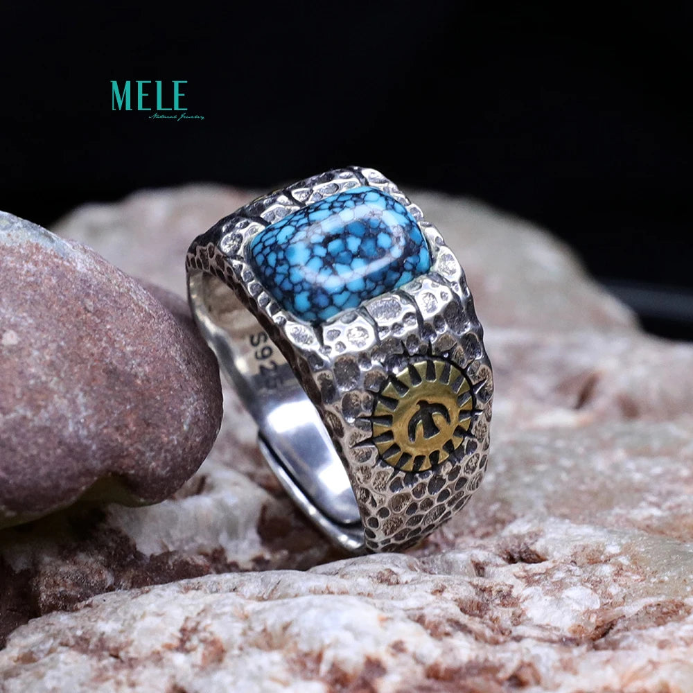 Natural Boutique Turquoise 8*10mm square ring 925 silver Retro Open able ring