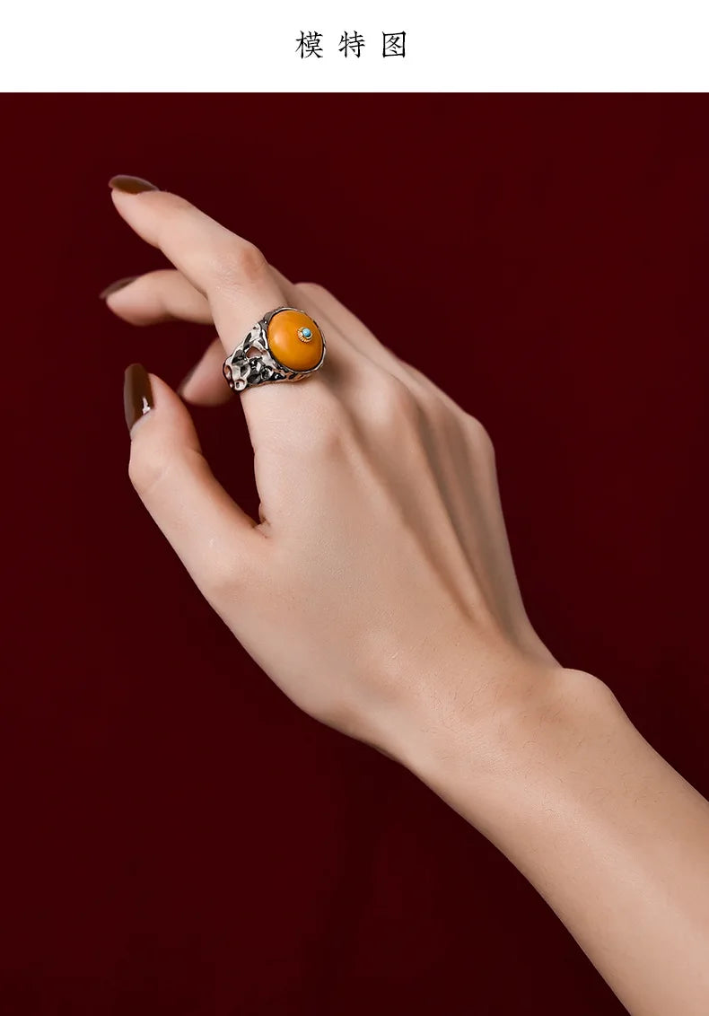 Uglyless Peace Button China Chic Amber Beeswax Rings for Women Luxury Big Gemstone Ring Hollow Wide 925 Silver Turquoise Jewelry