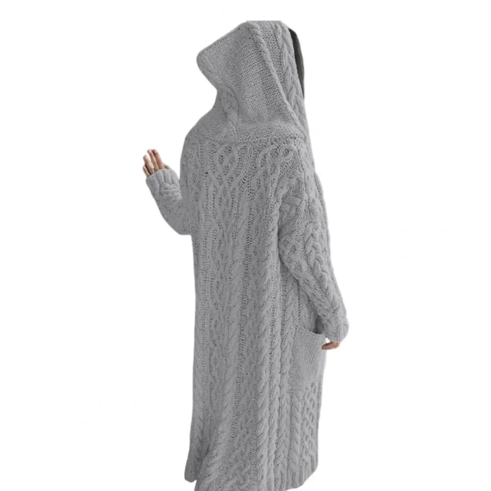 Women Sweater Jacket with Pockets Mid Length Hooded Knitted Twisted Texture Cardigan Solid Color Long Sleeve Thick Outerwear