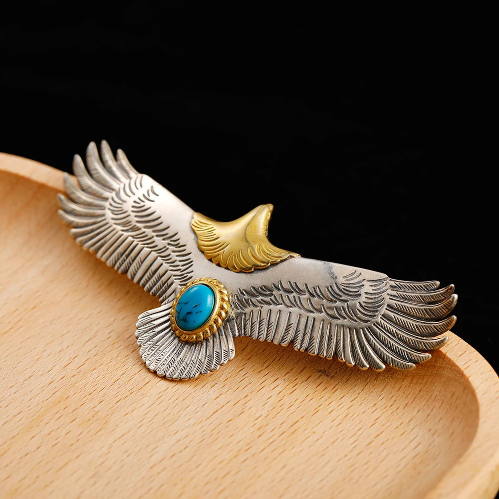 S925 Sterling Silver Jewelry Thai Silver Handmade Turquoise Gold Head Eagle Fashion Pendant For Men GOP002