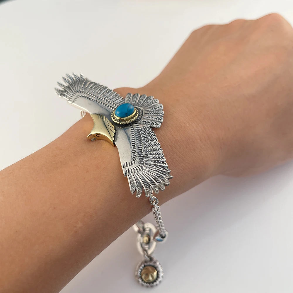 S925 Sterling Silver Jewelry Thai Silver Handmade Turquoise Gold Head Eagle Fashion Pendant For Men GOP002