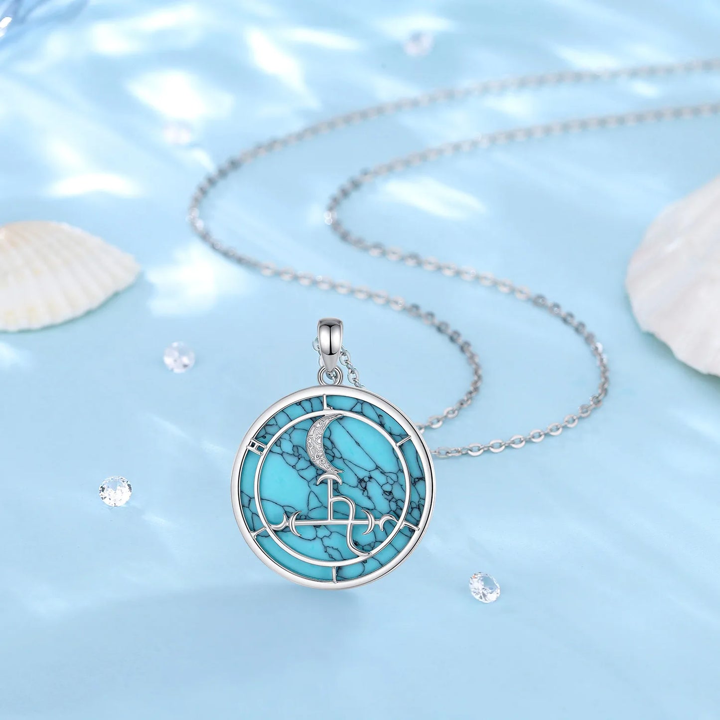 Eudora 925 Sterling Silver Lilith Moon Necklace for Women Man Turquoise Demon Lilith Sigil Amulet Pendant Personality Jewelry