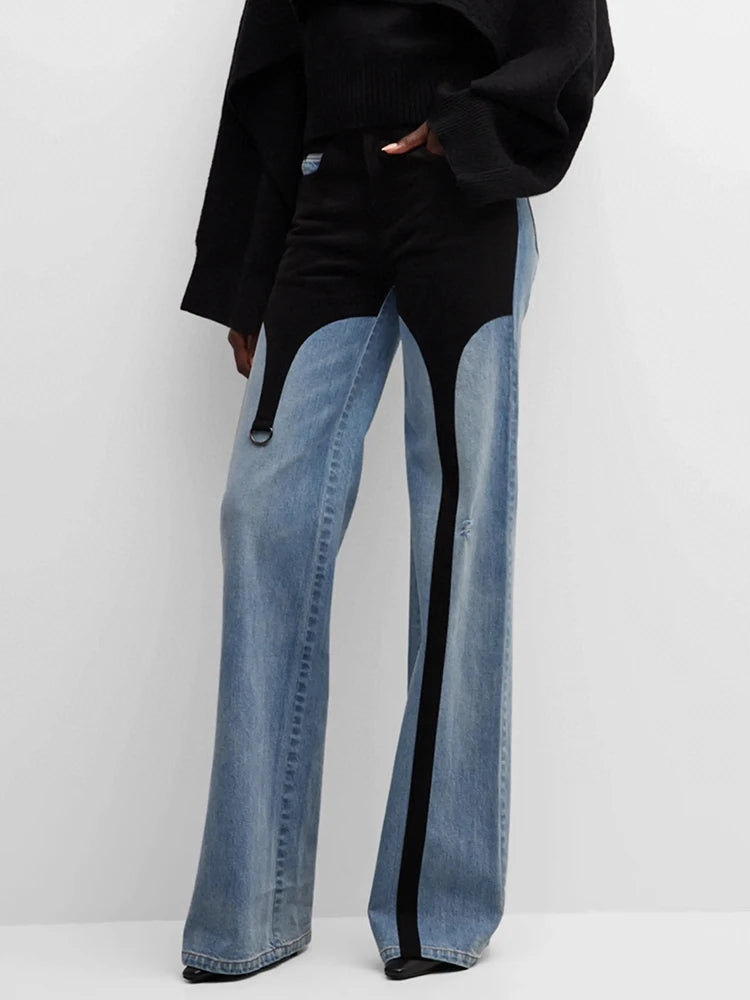 DEAT Fashion Women's Denim Pant High Waist Black And Blue Contrast Stitching Floor-length Wide-leg Jeans Autumn 2024 New 7AB763