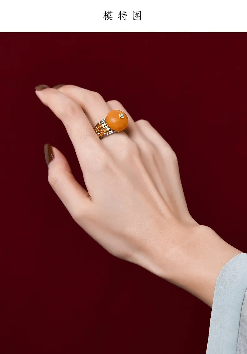Uglyless Peace Button China Chic Amber Beeswax Rings for Women Luxury Big Gemstone Ring Hollow Wide 925 Silver Turquoise Jewelry