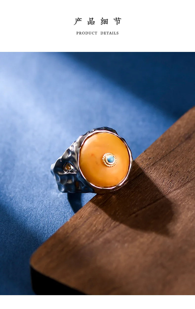 Uglyless Peace Button China Chic Amber Beeswax Rings for Women Luxury Big Gemstone Ring Hollow Wide 925 Silver Turquoise Jewelry