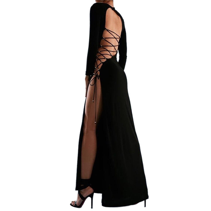 Women's Fashion Round Neck Long Sleeve Sexy Hollow  Back Split Dress
