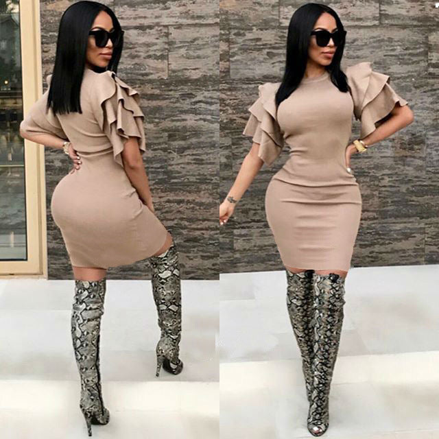 Round neck lotus sleeve pencil skirt