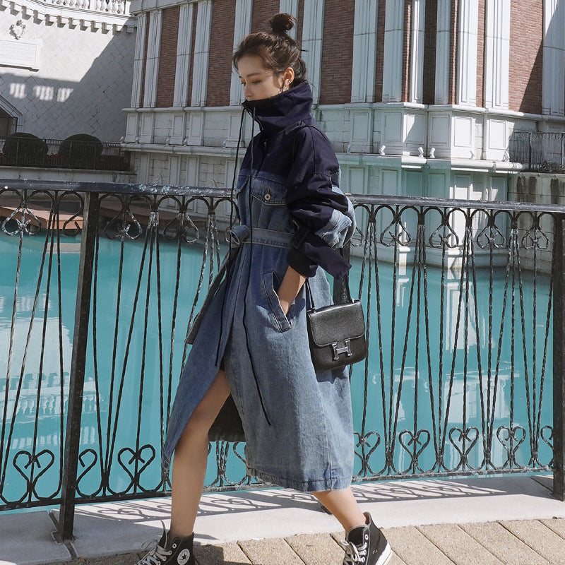 Fashion long denim patchwork dress windbreaker