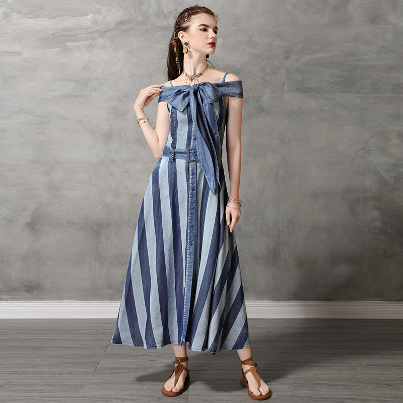 Neck Sling Strap Off Shoulder Big Swing Skirt Denim Striped Dress