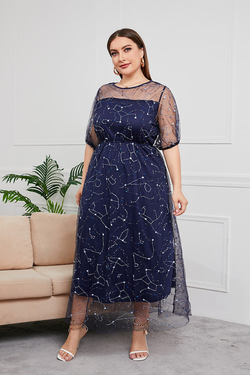 Plus Size Dress Evening Dress Women's Mesh Embroidered Midi Dress