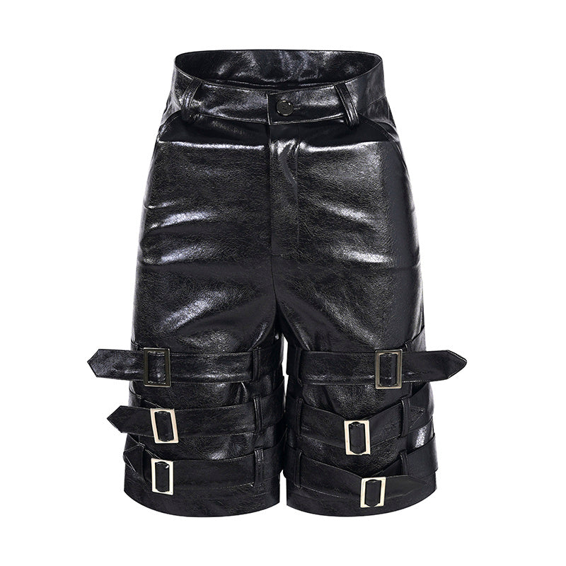Men's Leather Ring Casual Cropped Pants PU Leather Shorts