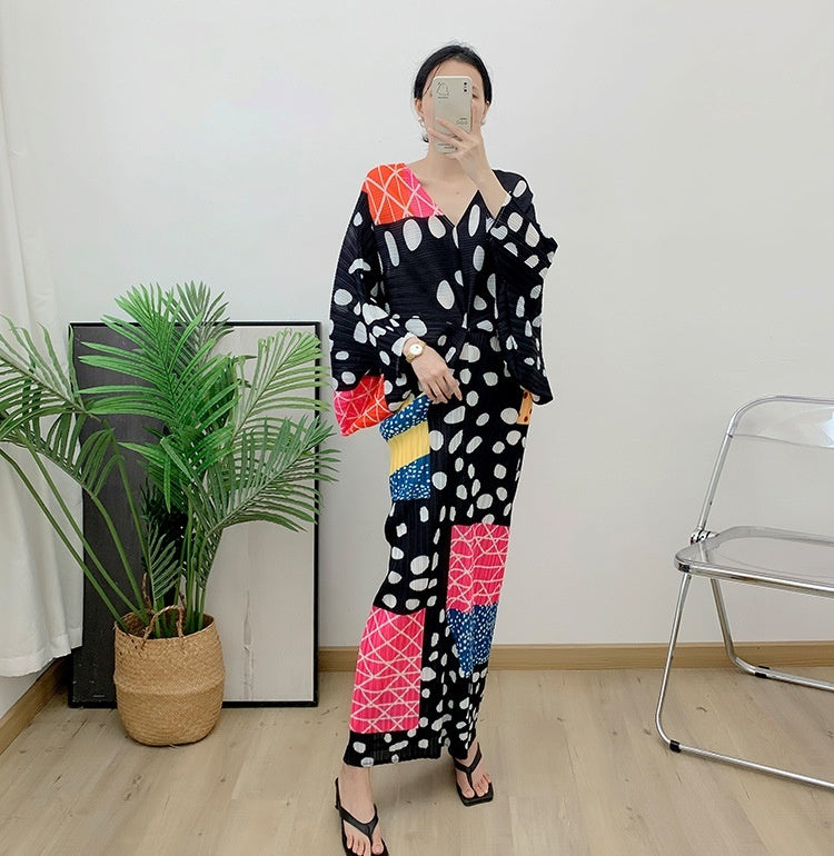 V-collar Polka Dot Pleated Dress Loose Plus Size Fishtail Skirt