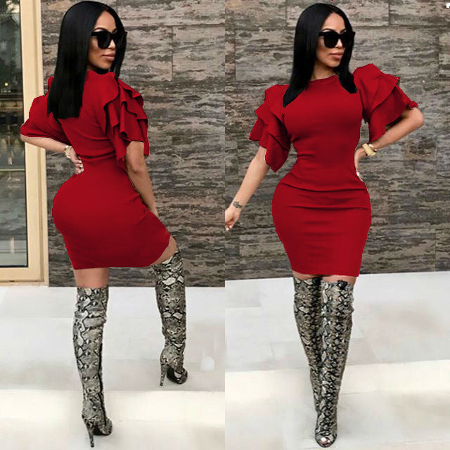 Round neck lotus sleeve pencil skirt