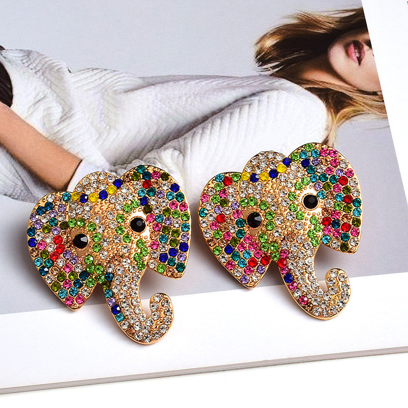 European And American Style Trendy Earrings Elephant Animal Colorful Crystals Alloy