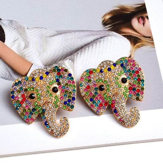 European And American Style Trendy Earrings Elephant Animal Colorful Crystals Alloy