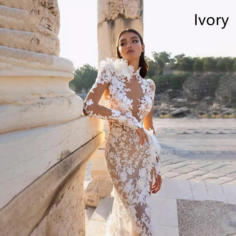 High Neck Lace Long Sleeve Floor Sweeping Boho Bridal Gown
