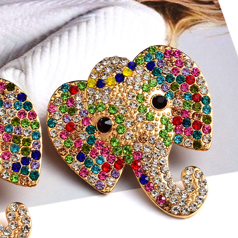 European And American Style Trendy Earrings Elephant Animal Colorful Crystals Alloy
