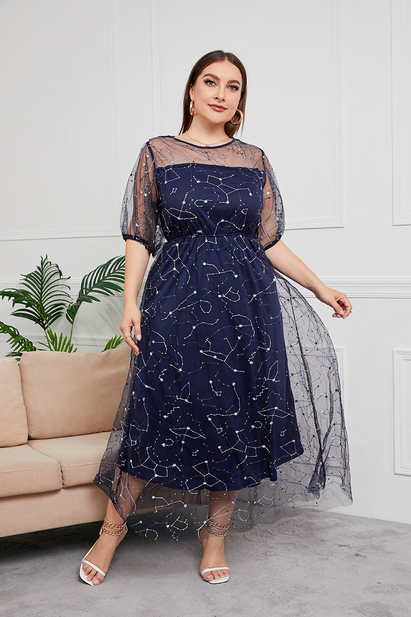 Plus Size Dress Evening Dress Women's Mesh Embroidered Midi Dress