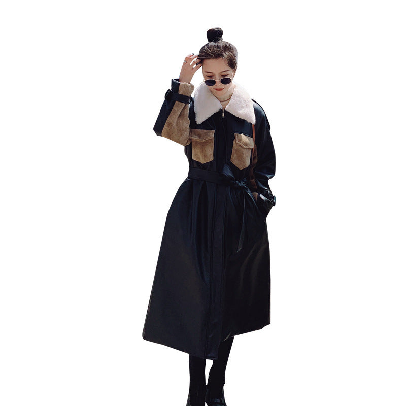 Womens Medium Long Winter Plush Thickened Cotton Black Leather Coat