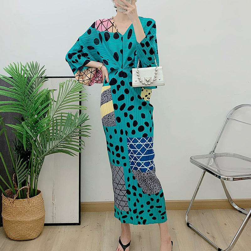 V-collar Polka Dot Pleated Dress Loose Plus Size Fishtail Skirt