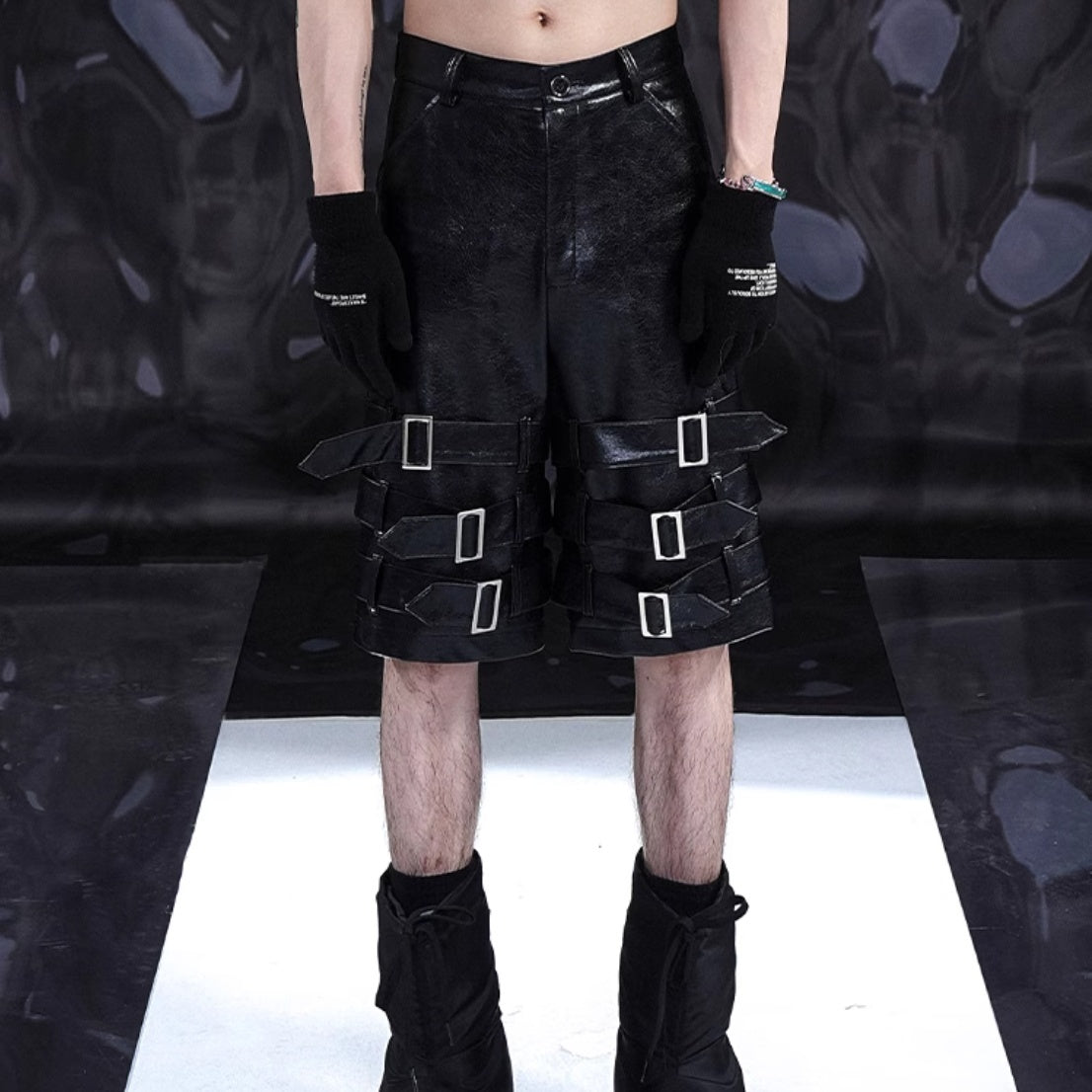 Men's Leather Ring Casual Cropped Pants PU Leather Shorts
