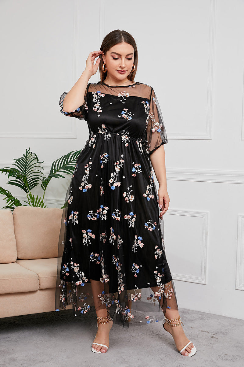 Plus Size Dress Evening Dress Women's Mesh Embroidered Midi Dress