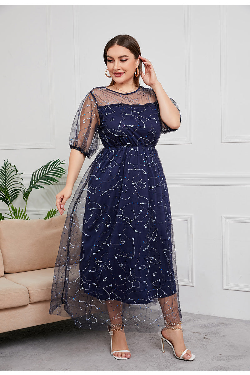 Plus Size Dress Evening Dress Women's Mesh Embroidered Midi Dress