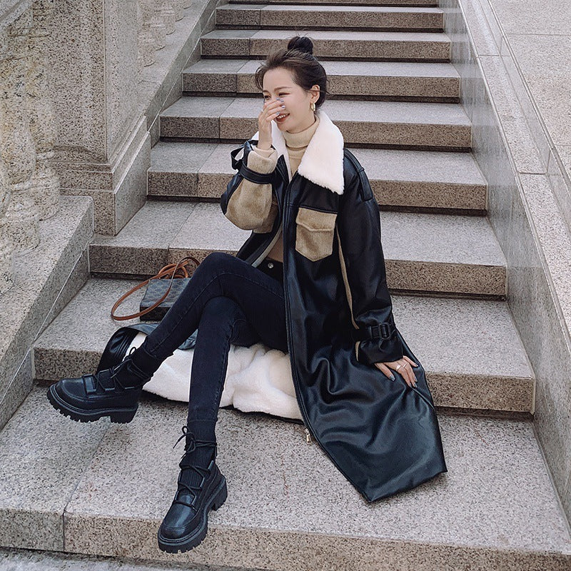 Womens Medium Long Winter Plush Thickened Cotton Black Leather Coat