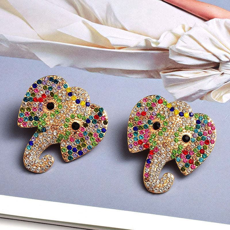 European And American Style Trendy Earrings Elephant Animal Colorful Crystals Alloy