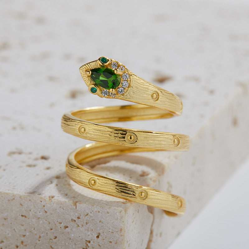 925 Silver Inlaid Natural Diopside Gemstone Snake Ring