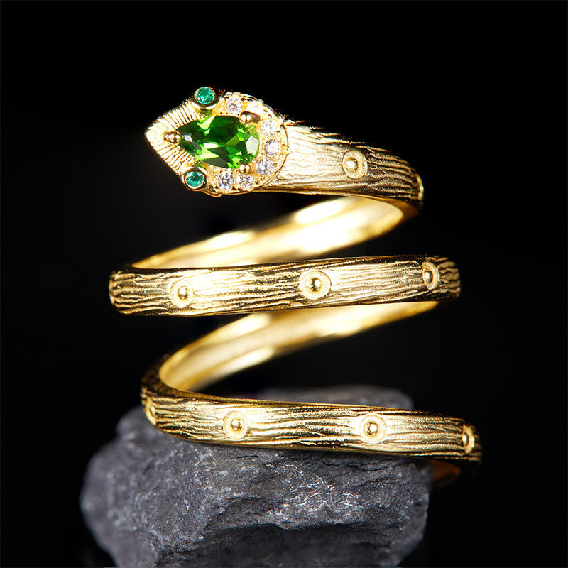 925 Silver Inlaid Natural Diopside Gemstone Snake Ring