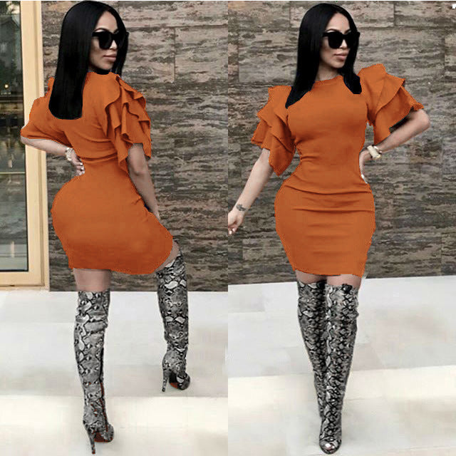 Round neck lotus sleeve pencil skirt