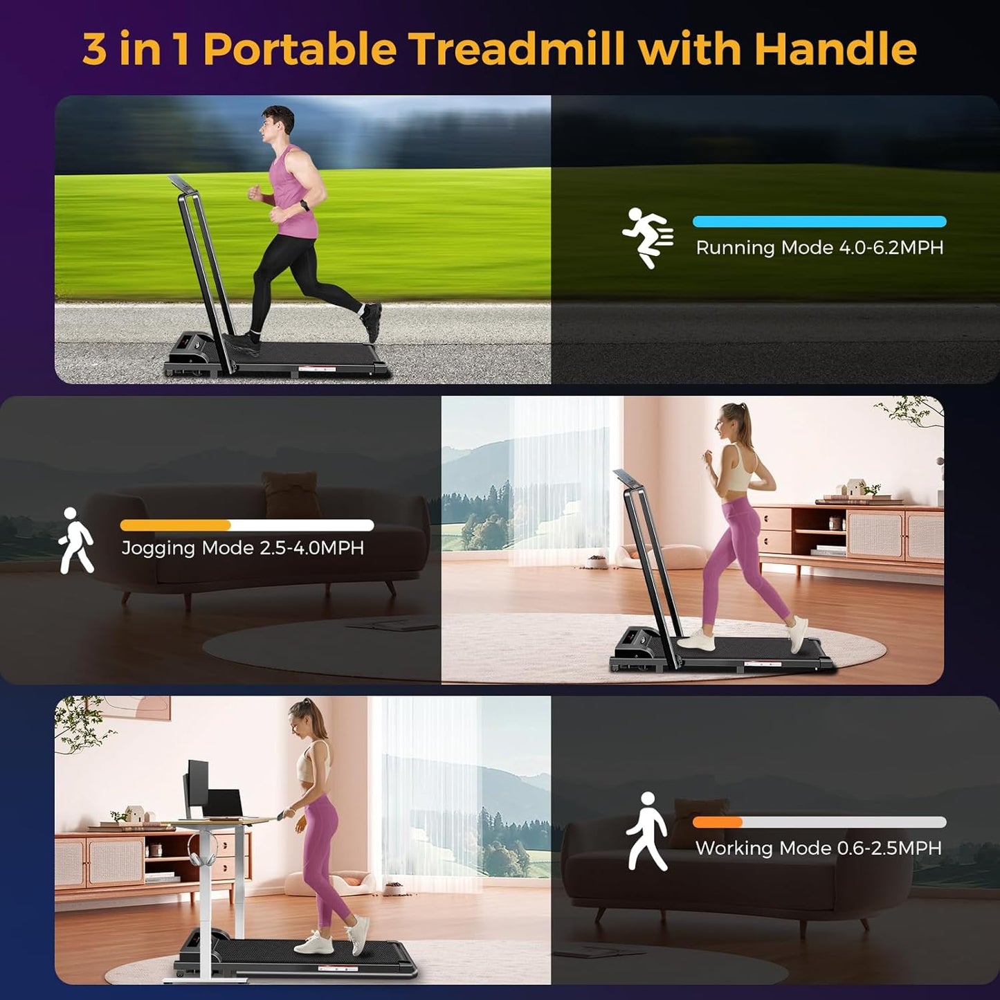 Walking Pad with Handle Bar, 3 in 1 Portable Treadmill with Handle, 2.5HP Walking pad Treadmill, Under Desk Treadmill for Home, Folding Treadmill Samll Spaces, LED Display,Remote Control