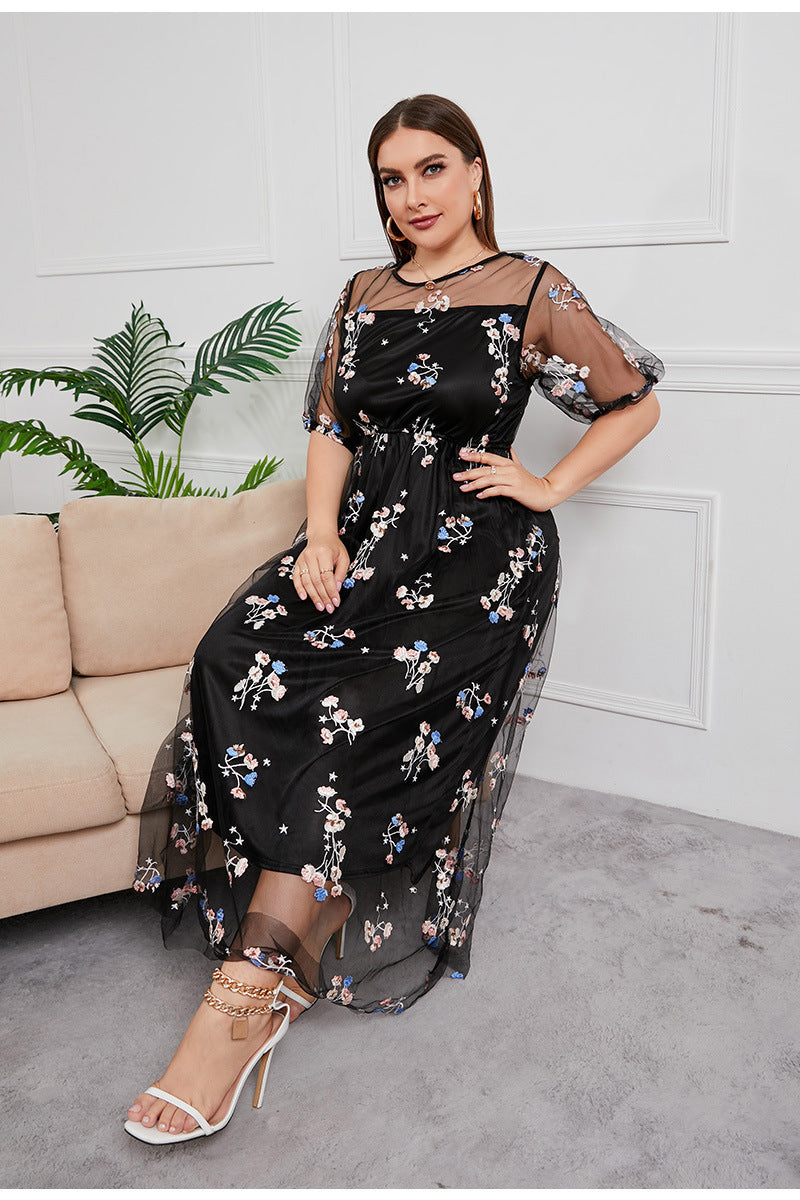 Plus Size Dress Evening Dress Women's Mesh Embroidered Midi Dress