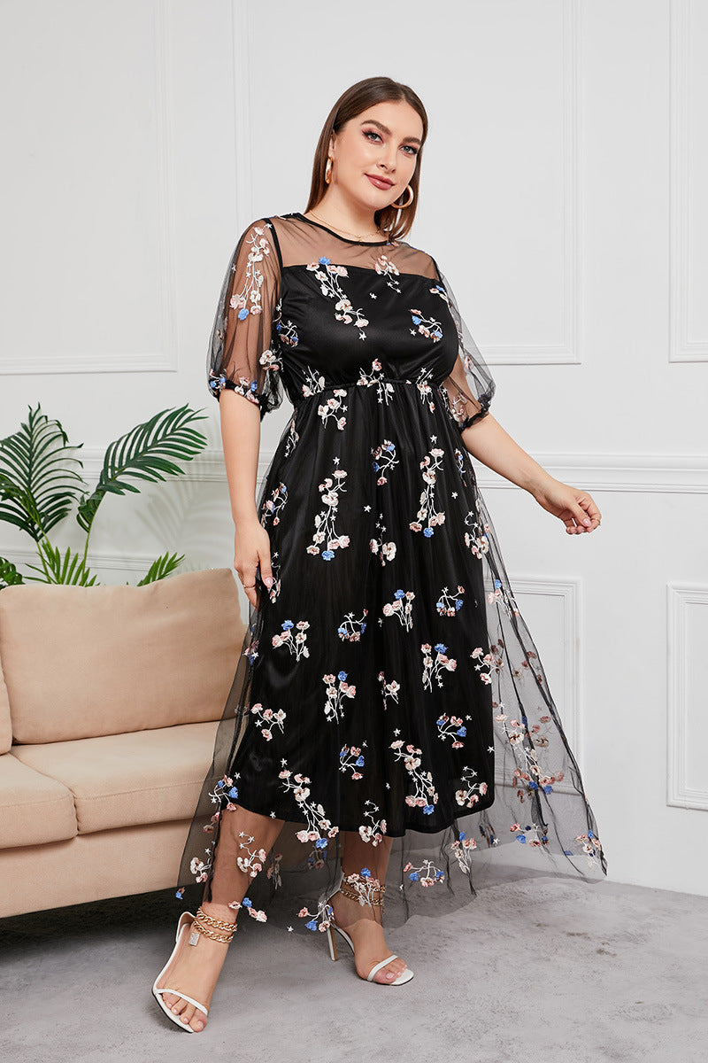 Plus Size Dress Evening Dress Women's Mesh Embroidered Midi Dress