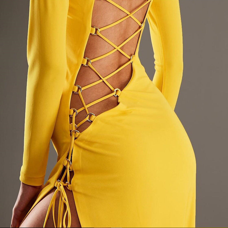 Women's Fashion Round Neck Long Sleeve Sexy Hollow  Back Split Dress