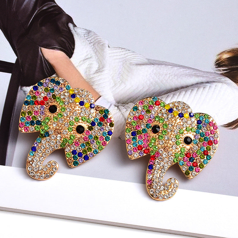 European And American Style Trendy Earrings Elephant Animal Colorful Crystals Alloy