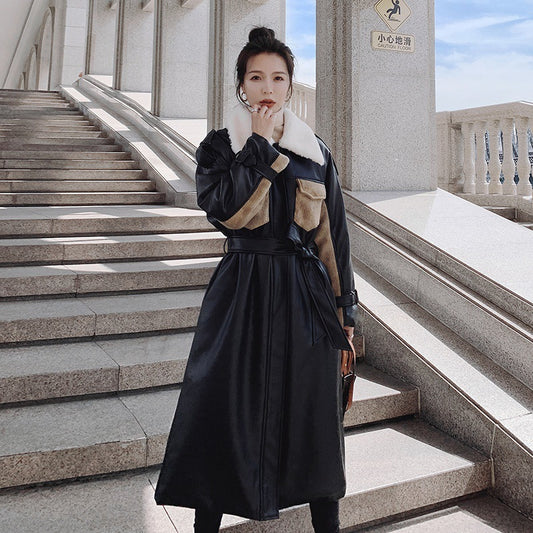 Womens Medium Long Winter Plush Thickened Cotton Black Leather Coat