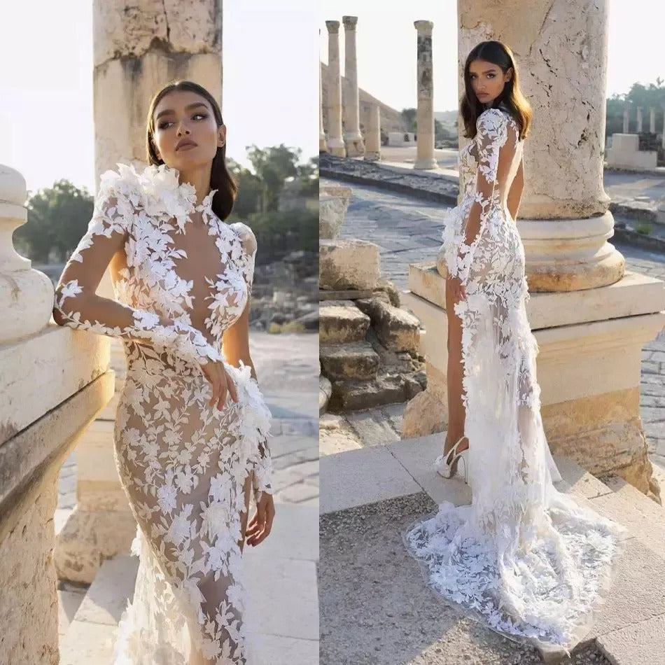 High Neck Lace Long Sleeve Floor Sweeping Boho Bridal Gown