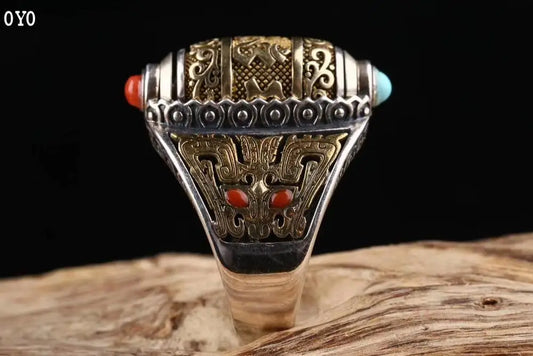 Sterling Silver Transit Ring S925 Men and Women Retro Style Dzi Bead Six Words Mantra Open Silver Ring