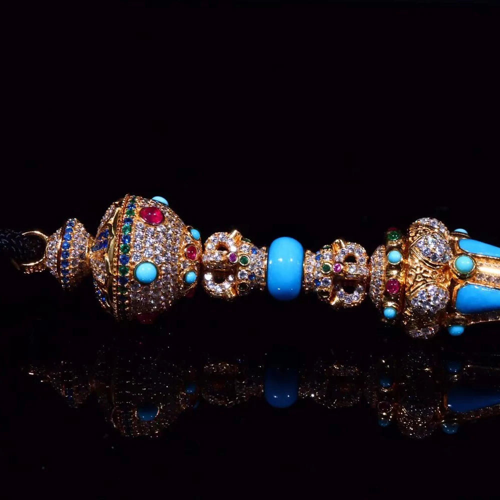 RealTurquoise Jin Gangchu Pandent Necklace Sterling 925 Silver Ruby Sapphire Tourmaline Jewelry for Man or Women