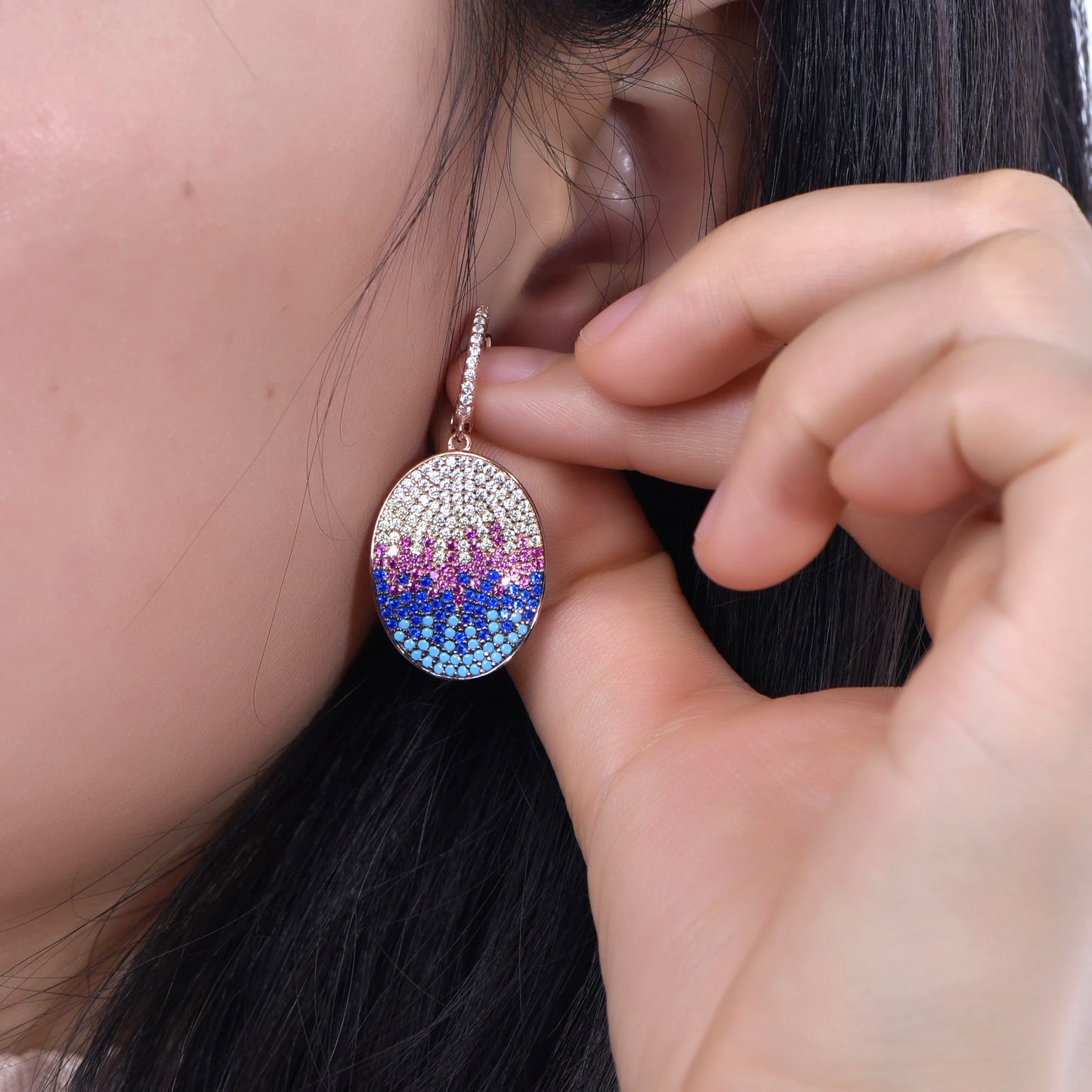 KOSE 925 Sterling Silver Rainbow Sparkle CZ Diamond Turquoise Amethyst Earrings Women's Luxury Wholesale Fine Jewelry Earrings