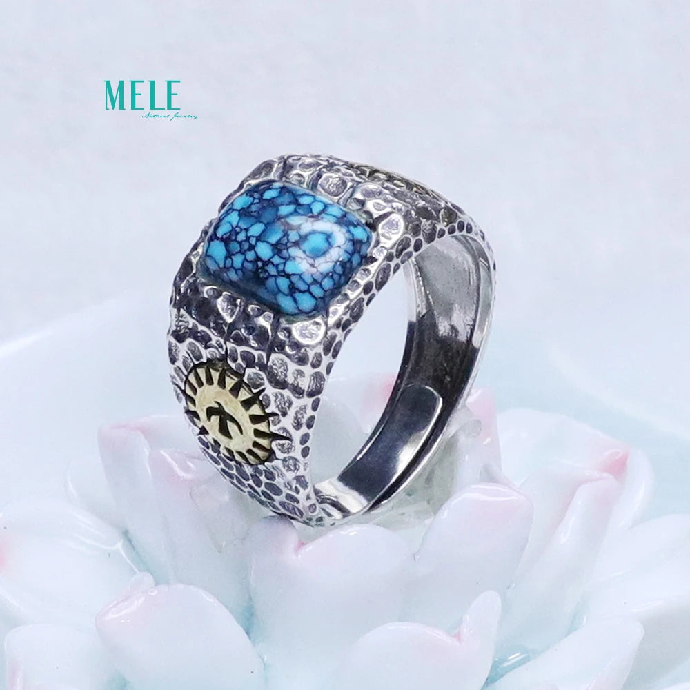 Natural Boutique Turquoise 8*10mm square ring 925 silver Retro Open able ring