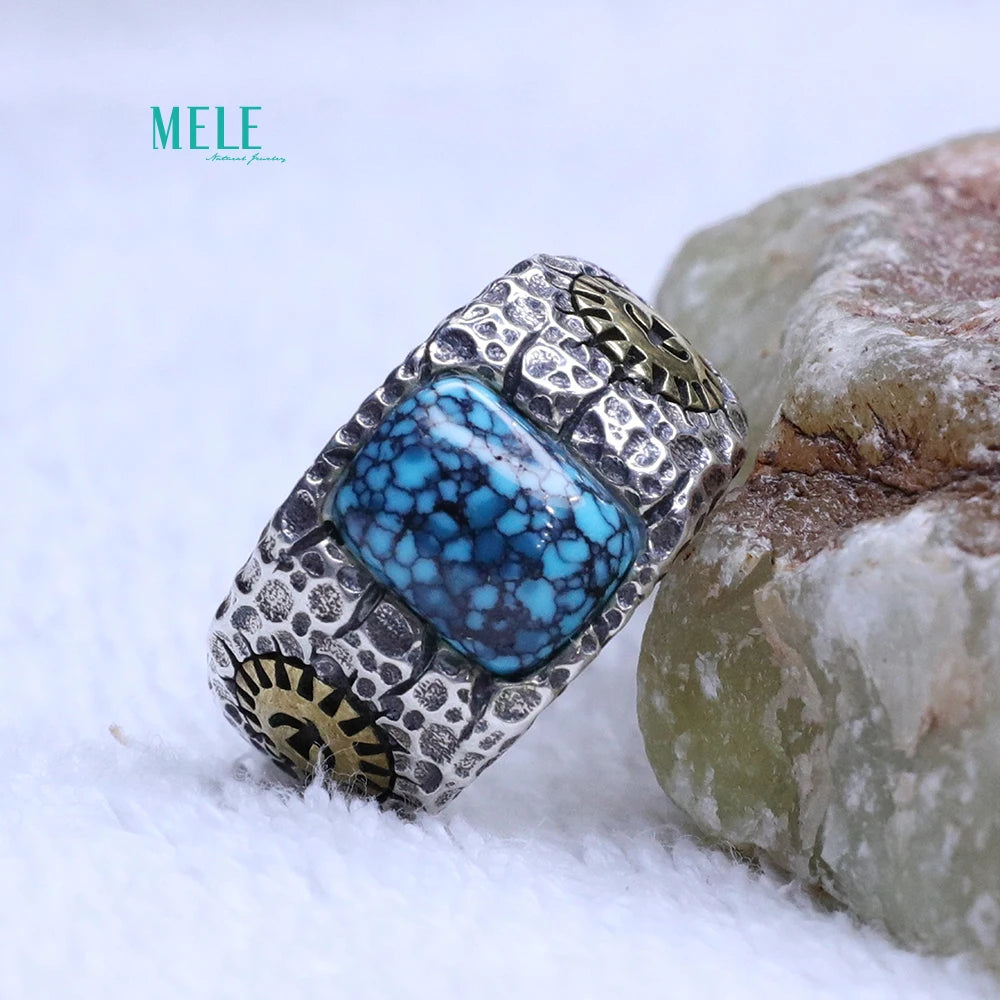 Natural Boutique Turquoise 8*10mm square ring 925 silver Retro Open able ring