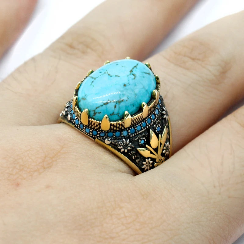 Classic Natural Turquoise Ring Vintage 925 Silver Men's Rings Gold Plated Prong Setting AAA Zircon Stone Wedding Bands Jewelry